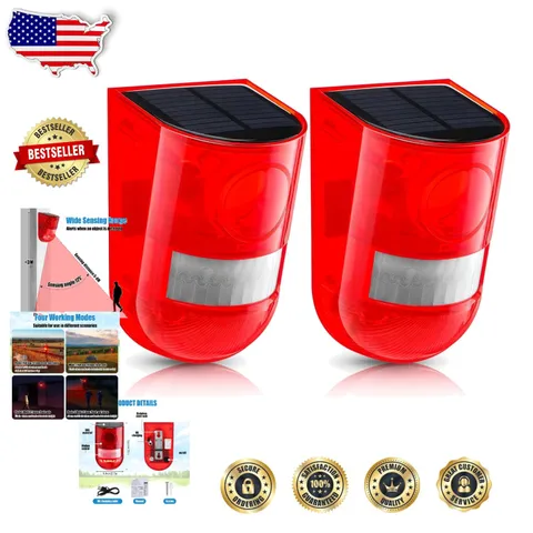 Solar Motion Sensor Alarm 2 Pack Red 129dB Loud Siren  Waterproof