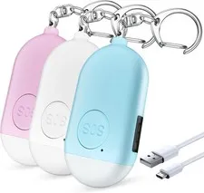 Personal Safety Alarm - 3-Pack - Rechargeable - Strobe LED Flashlight - SOS Emer