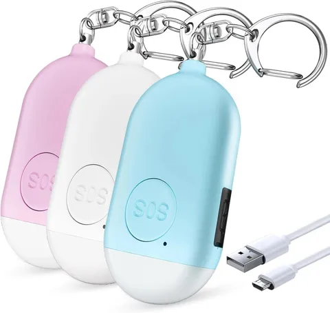Personal Safety Alarm - 3-Pack - Rechargeable - Strobe LED Flashlight - SOS Emer