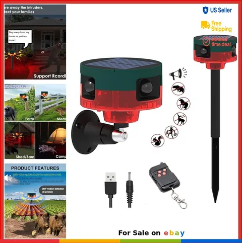 Solar Motion Sensor Alarm 130dB Outdoor Sound Strobe Light 13 Sounds Recording