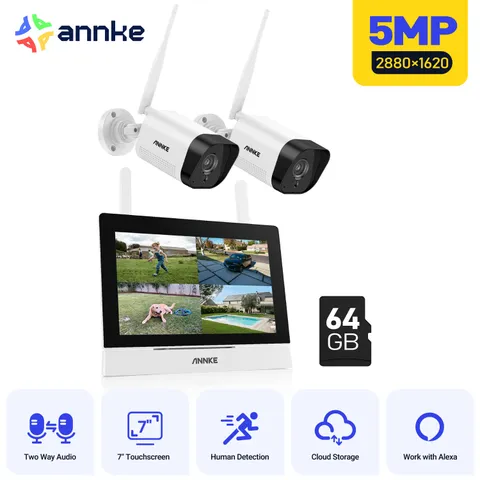 ANNKE Wireless 5MP Security Camera System 2-Way Audio 4CH 7" Monitor W/64GB AI