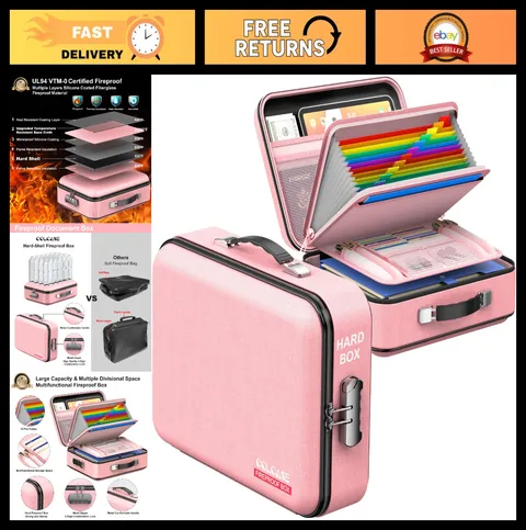 Fireproof Document Organizer Box with Lock | Waterproof Hard-Shell Storage Pink