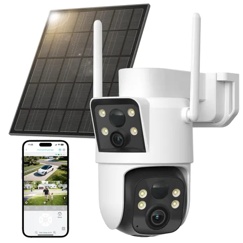 LIWAN Dual Lens Solar Security Camera Wireless Outdoor, 360° PTZ & Fixed Dual...