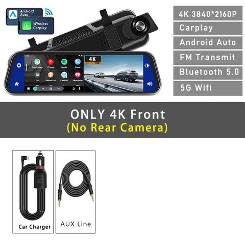 10"  Dash Cam 4K 3840*2160P Car Dvr Carplay Android Auto GPS 5G WIFI AUX Stream 