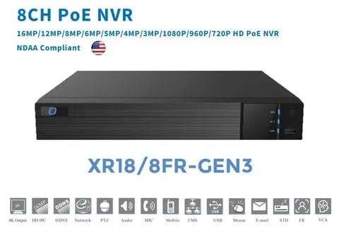 Epcom XR18/8-FR-GEN3 NVR 8 Channels 8MP (4K) 8 PoE Ports Face Recognition