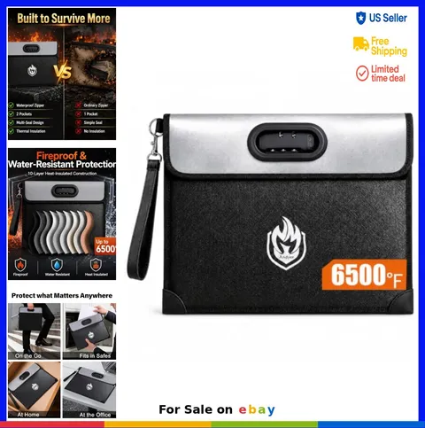 Fireproof Document Bag 2 Pocket Lock 6500F Waterproof Combination Lock Money