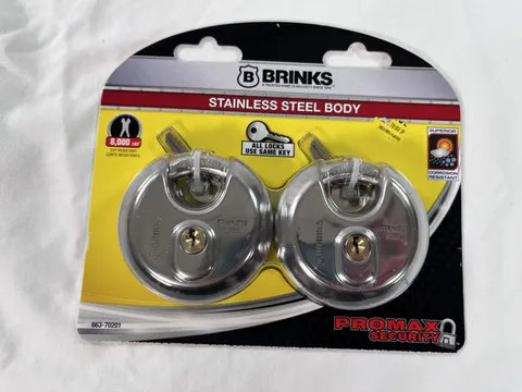 Brinks Stainless Steel 70mm Keyed Discus Padlock with 5/8in Shackle, 2 pack