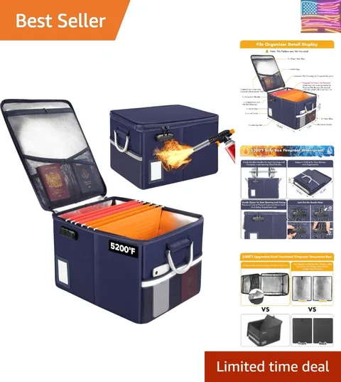 5200°F Fireproof Document Box, Fire Important Document Organizer with Lock, U...