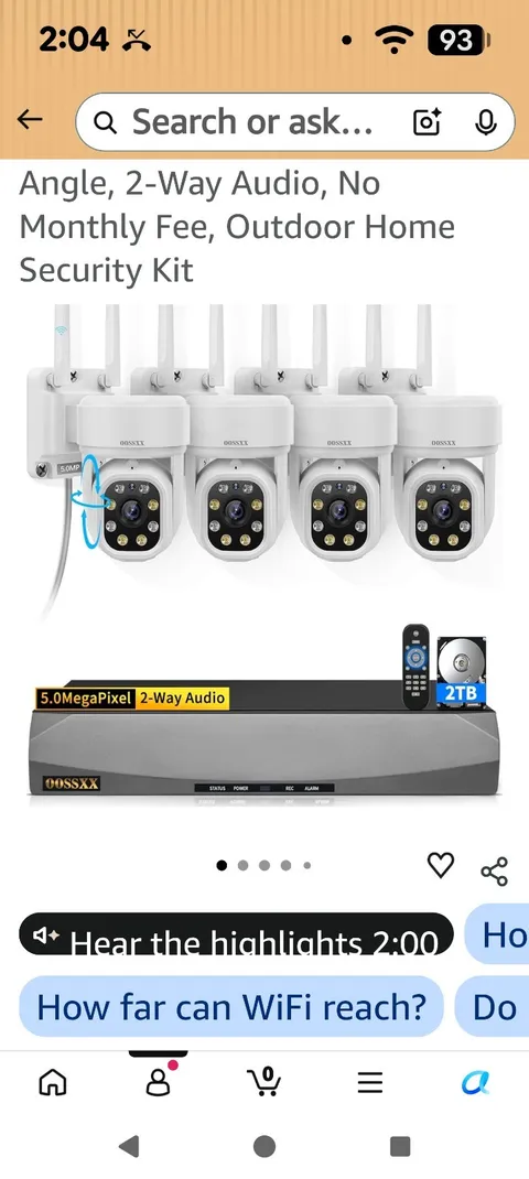 OOSSXX 4-Camera 5MP Wi-Fi Security System 2TB, Outdoor Pan/Tilt Night Vision
