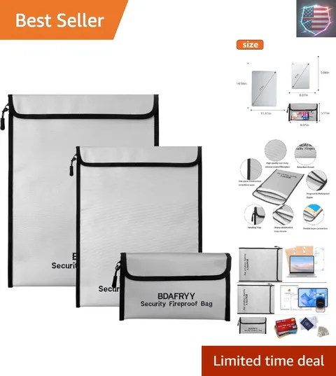 3 Pcs Fireproof Waterproof Money Important Document Bag2000℉,Fire Proof Bag f...