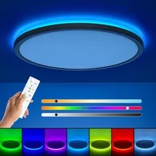 Annaror RGB Flush Mount LED Ceiling Light with Remote, 12 Inch, 12 Inch Black