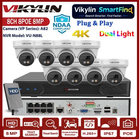 Vikylin Smartfind 8CH 8POE NVR 4K 8MP Full Color Dual Light IP Camera POE Lot