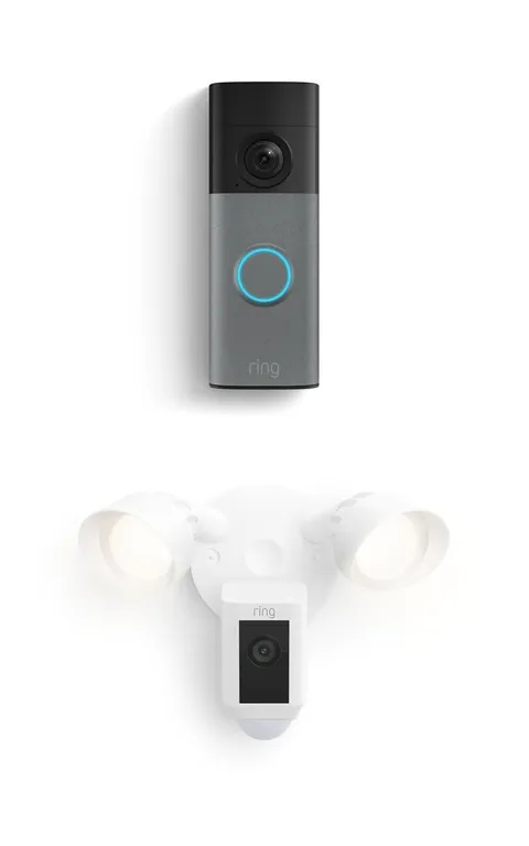 Ring Battery Doorbell Speckled Gray newest model with Floodlight Cam Plus, White