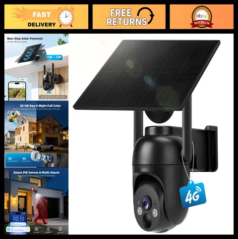4G LTE Solar Security Camera, No WiFi, 2K Night Vision, 360° View, Motion Detect