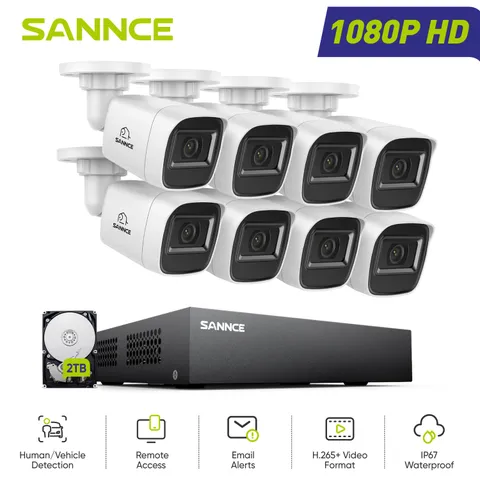 SANNCE 5IN1 8CH DVR 1080P Video CCTV Outdoor Camera Security System AI Motion 2T
