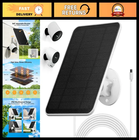 Solar Panel Charger for Outdoor Security Camera, 4W 5V, Waterproof, 10ft USB Cab