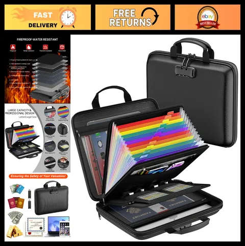 Fireproof Document Organizer Box with Lock | Water Resistant, 13-Pocket Expandin