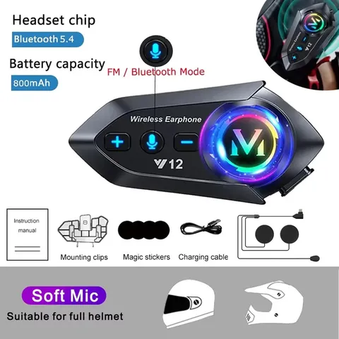 BT12 Waterproof Moto Bluetooth Helmet Headset Wireless Hands Free Bluetooth Head