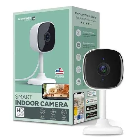 Merkury Smart Indoor Camera 1080p - Wi-Fi Security Cam with Night Vision, White 