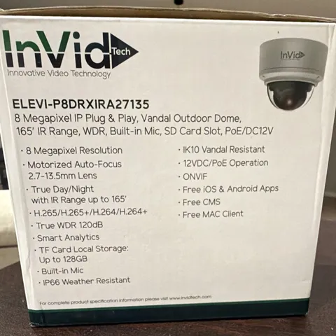 InVid Tech 8MP IP PoE Outdoor Vandal Dome Cam IR 165ft WDR Mic SD 128GB