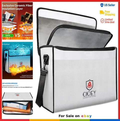 Fireproof Document Bag 2000F Large Lockable Zipper Waterproof Shoulder Strap