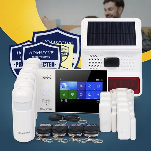 HOMSECUR Wireless WIFI 4G Home House Alarm System+Wireless Solar Red Flash Siren