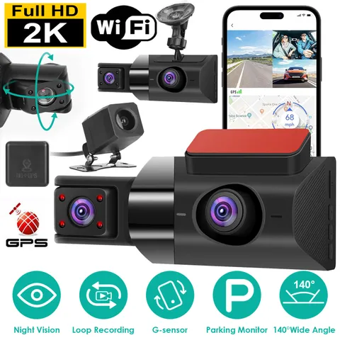 2K Car DVR 3 Channel Dash Cam Camcorder Recorder GPS WiFi Night Vision G-sensor