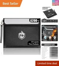 2 Pockets Fireproof Document Bag 6200°F, 10 Layers Waterproof Fireproof Money...