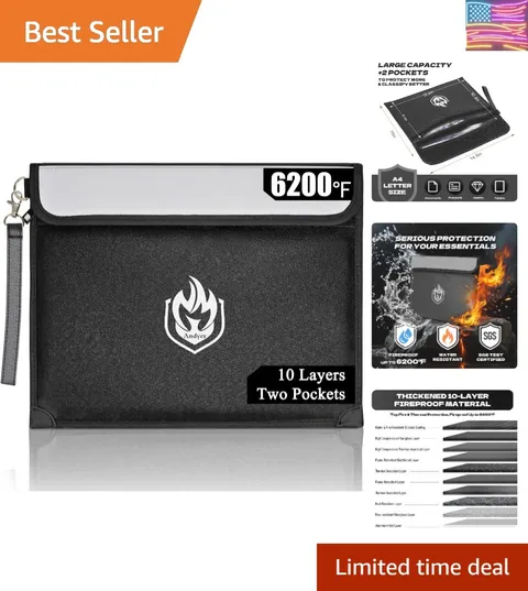 2 Pockets Fireproof Document Bag 6200°F, 10 Layers Waterproof Fireproof Money...