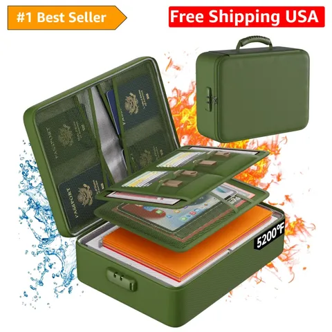 5200°F Fireproof Document Organizer with Lock - Portable & Water-Resistant Green