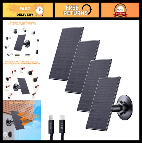 4 Pack 2W Solar Panel for Security Cameras | USB & USB-C, IP65 Waterproof, 360°