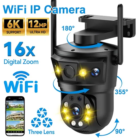 6K 12MP Wifi PTZ Camera Outdoor Triple Lens IP Camera CCTV Audio Video Security
