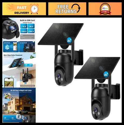 2 Pack Solar Powered 4G LTE Security Cameras with Built-in SIM Card - Wireless C