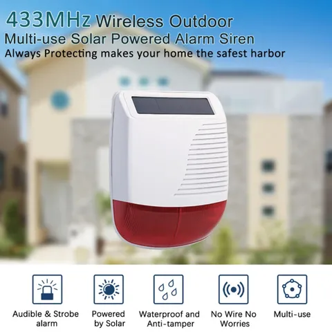 433MHz Wireless Outdoor Solar Siren Security Waterproof Light Flash Strobe Alarm