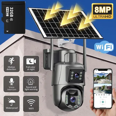 Dual Lens WiFi Wireless Security Camera Solar Powered PTZ Outdoor Surveillance
