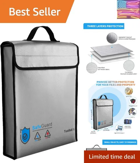 Fireproof Waterproof Document Bag with Zipper,Heat Insulated Upgraded Firepro...