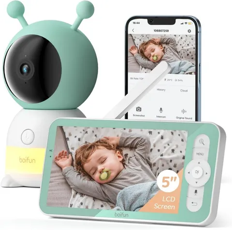 BOIFUN 2K Baby Monitor 5" Split-Screen Auto Tracking, Temp/Humidity, Night Light