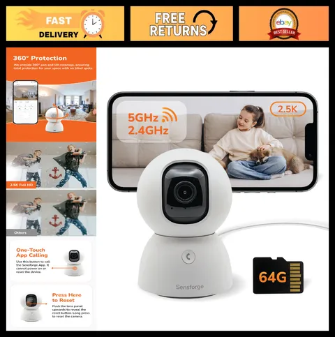 2.5K Indoor Pan-Tilt Security Camera, 360° Wi-Fi, AI Human & Pet Detection, 64GB