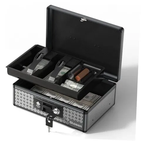 Cash Box with Lock, Money Box with Key Lock & Removable Coin Tray Medium Black