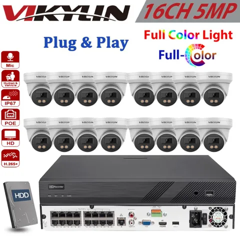 VIKYLIN 16CH 16POE NVR Kit 5MP PoE IP Full Color Night Vision Camera w/ MIC Lot