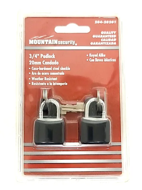 2pk Mountain Security 3/4" Padlock 20mm Hardened Steel Shackle Weather Resistant