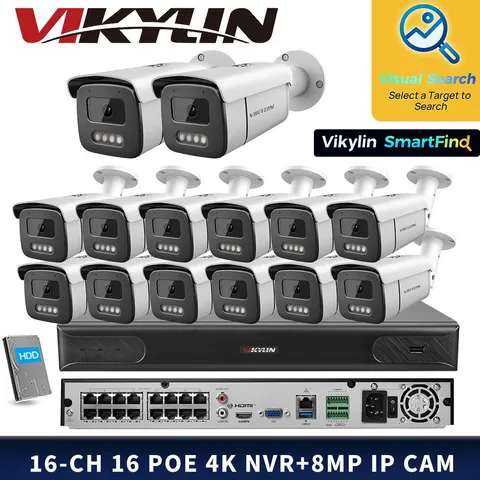 VIKYLIN SmartFind 16POE 16CH NVR System Full Color Wired 8MP Network Camera Lot