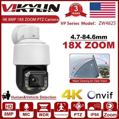 Vikylin 360° 4K 8MP POE High Speed PTZ Camera 18x Zoom PTZ Auto-Tracking +Wiper