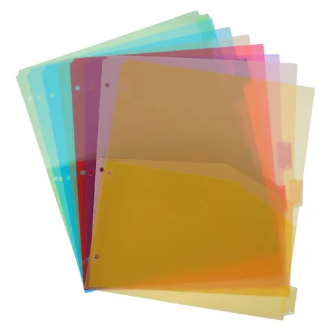 8pcs Plastic Binder Dividers with Pockets, 3-Hole Punched, Sturdy & Colorful