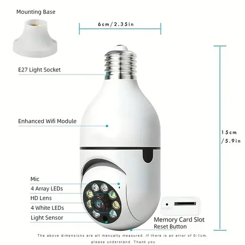 2 Pack WiFi Light Bulb Security Camera 5GHz Outdoor 360° Wireless E27 App Cam