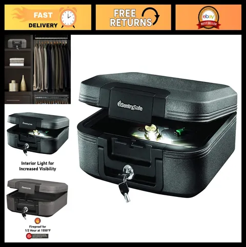 Fireproof Waterproof Safe Box with Key Lock, Portable Travel Chest, 0.28 Cu Ft