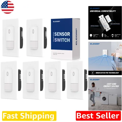 Energy Saving Motion Light Switch 6pk -  Listed, No Neutral, 15 Min Install