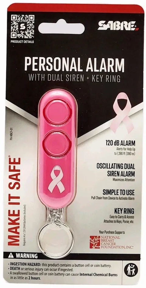 Sabre Personal Alarm, Safety Keychain Personal Alarm w Dual Siren, 120 dB, Pink
