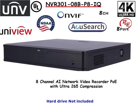 Uniview NVR301-08B-P8-IQ 8CH AI Network Video Recorder PoE Ultra 265 Compression