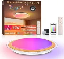 17" Smart LED Flush Mount Ceiling Light Bluetooth Speaker Alexa RGB- Wood/White